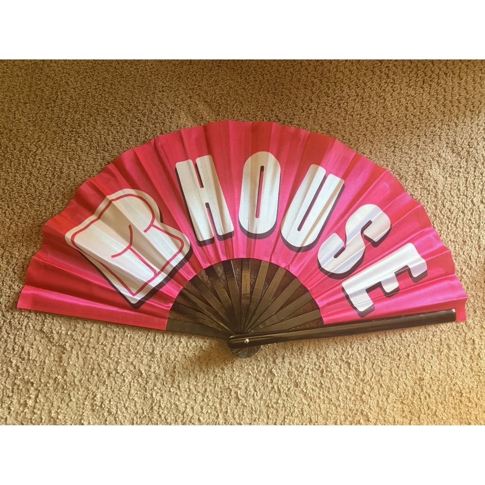 Pink Folding Hand Fan w/ Bar Advertising Text, White & Black